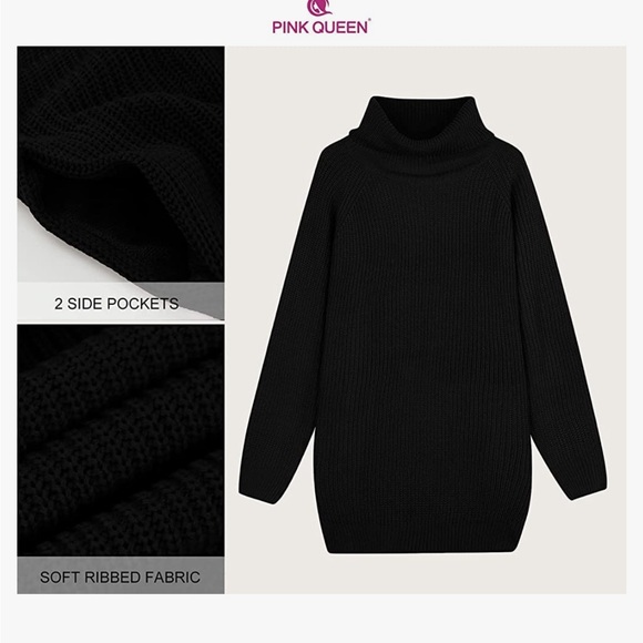 Turtleneck Oversized Long Sweater Dress with Pockets Black Size Small - Picture 5 of 5